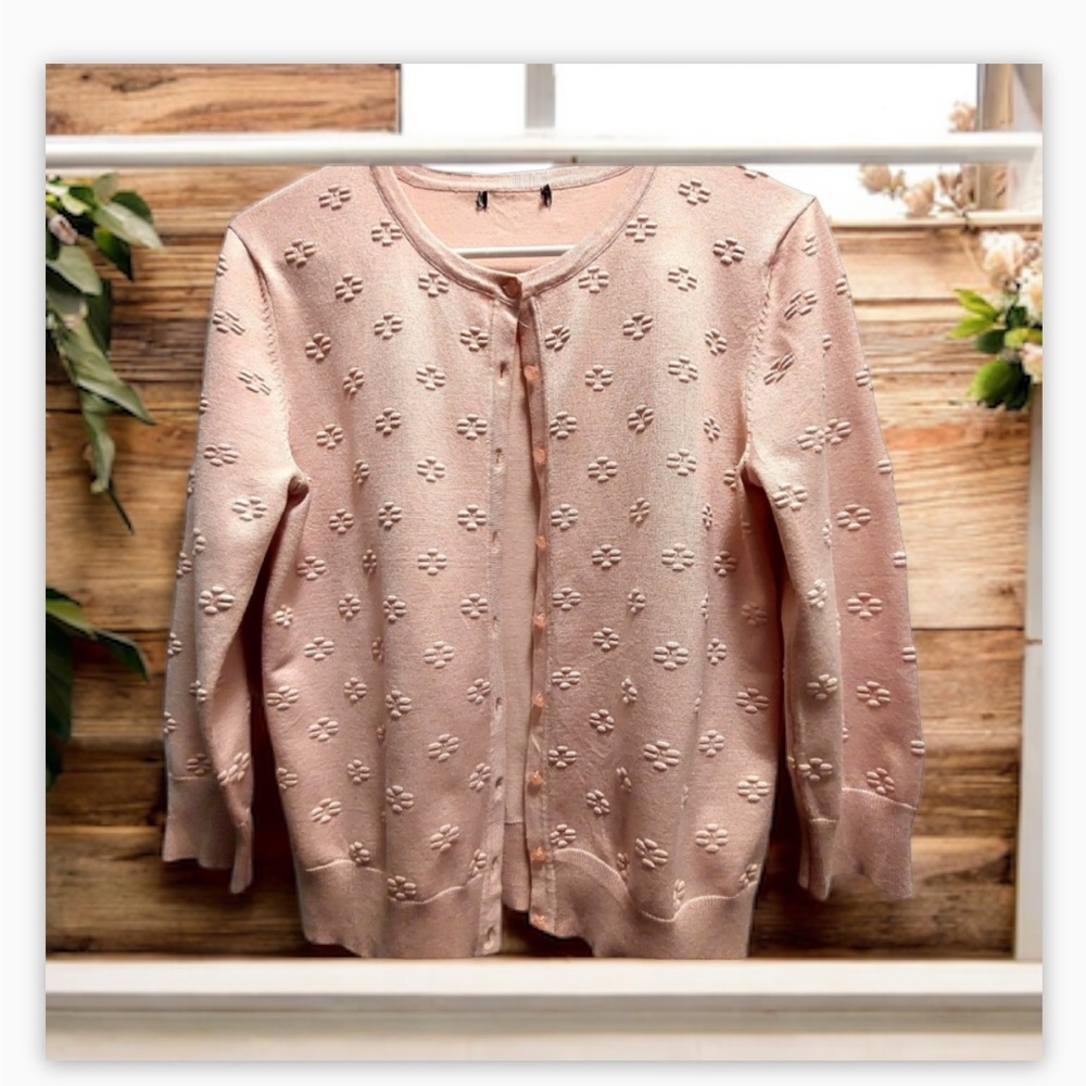 CABLE & GAUGE Pink Textured -Embroidered Pointe Cardigan-Button up -EUC Sz S🌸